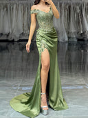 Sheath Off-the-Shoulder Appliques Lace Sweep Train Silk Like Satin Corset Dress