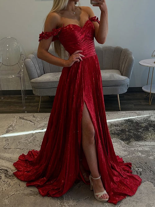 A-line Off-the-Shoulder Pleated Sweep Train Dress