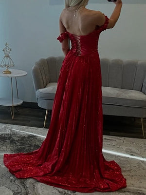 A-line Off-the-Shoulder Pleated Sweep Train Dress