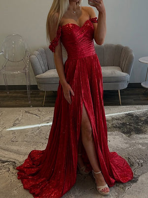 A-line Off-the-Shoulder Pleated Sweep Train Dress