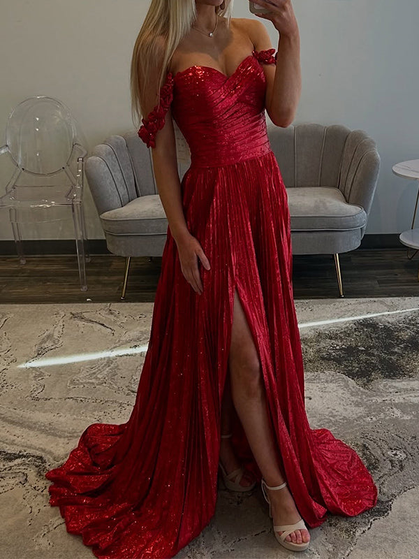 A-line Off-the-Shoulder Pleated Sweep Train Dress