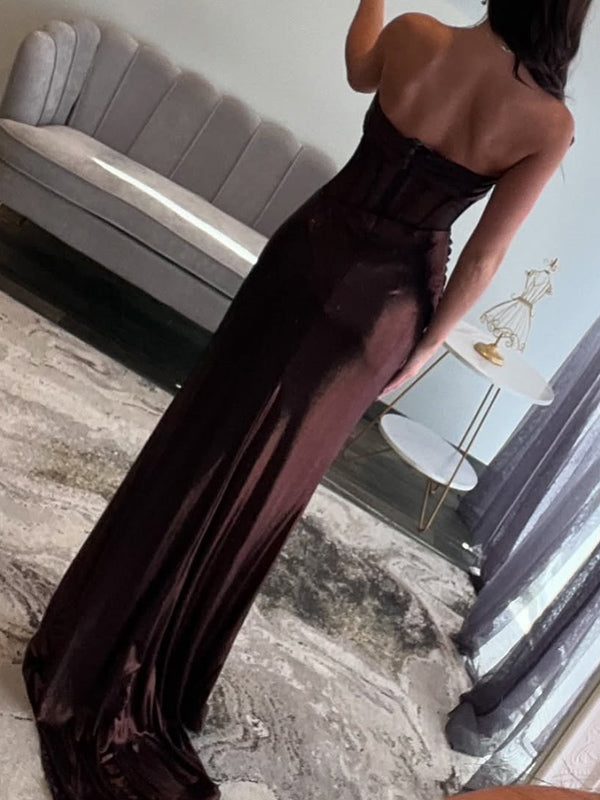 Sheath Straight Pleated Sweep Train Silk Like Satin Corset Dress