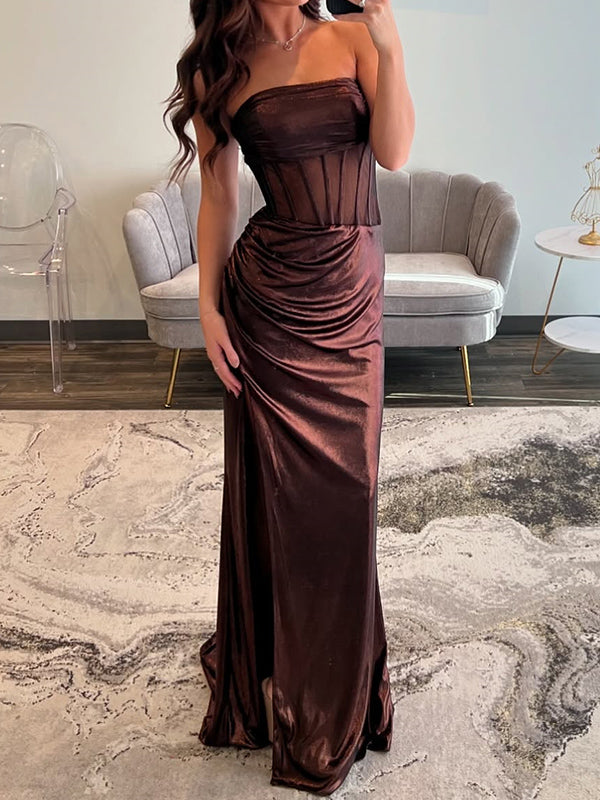 Sheath Straight Pleated Sweep Train Silk Like Satin Corset Dress