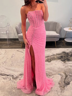 Sheath Straight Rhinestone Sweep Train Corset Dress