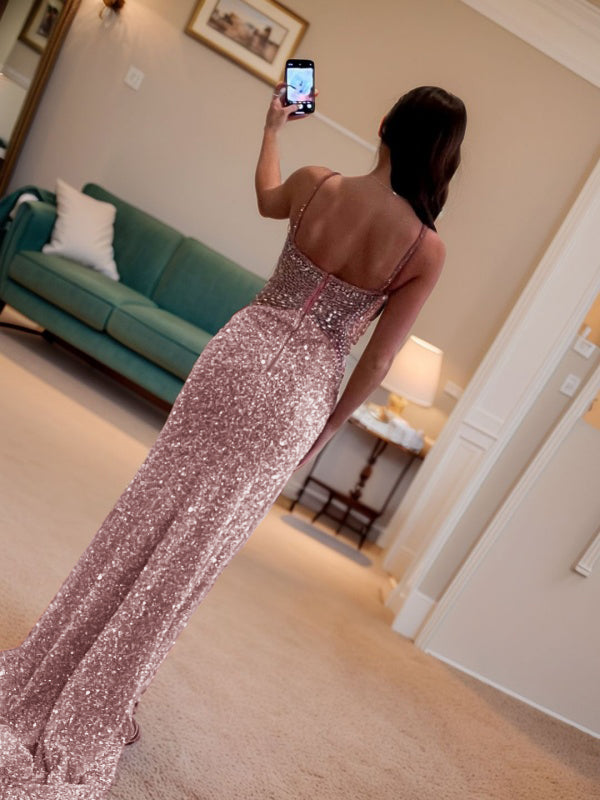 Sheath Straps Rhinestone Sweep Train Dress