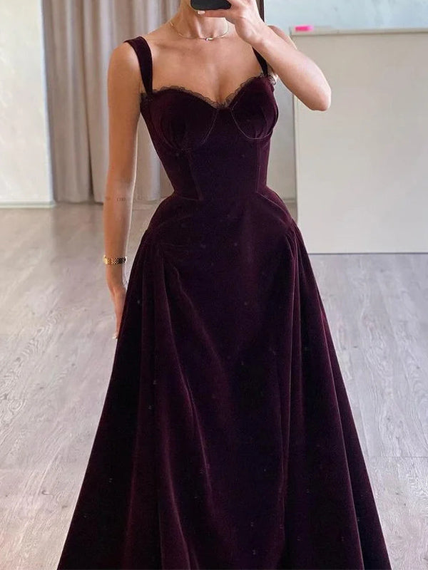 A-line Sweetheart Ruffles Sweep Train Velvet Corset Dress