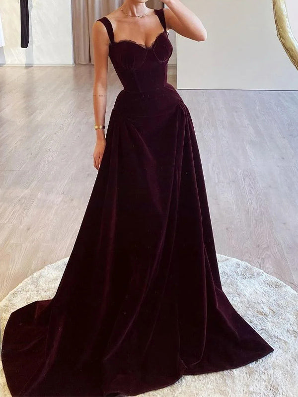 A-line Sweetheart Ruffles Sweep Train Velvet Corset Dress