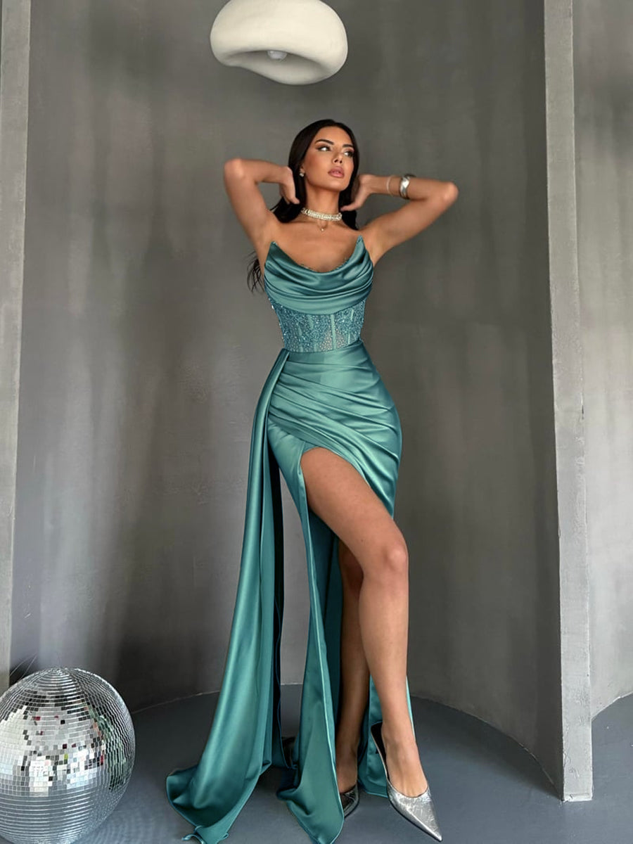 Sheath Cowl Pleated Sweep Train Silk Like Satin Corset Dress