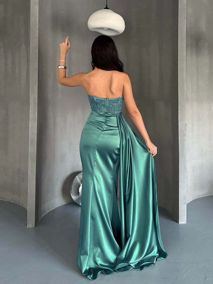 Sheath Cowl Pleated Sweep Train Silk Like Satin Corset Dress