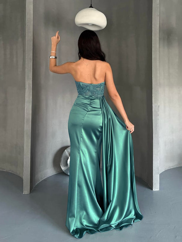 Sheath Cowl Pleated Sweep Train Silk Like Satin Corset Dress