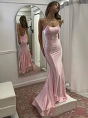 Sheath Spaghetti Straps Ruffles Sweep Train Silk Like Satin Dress