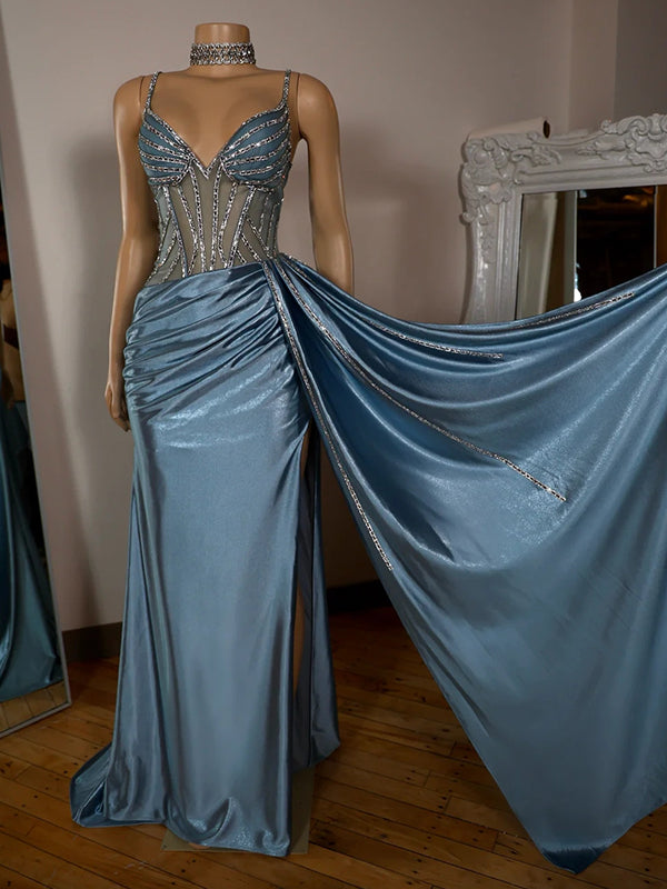 Sheath V-neck Pleated Sweep Train Silk Like Satin Corset Dress