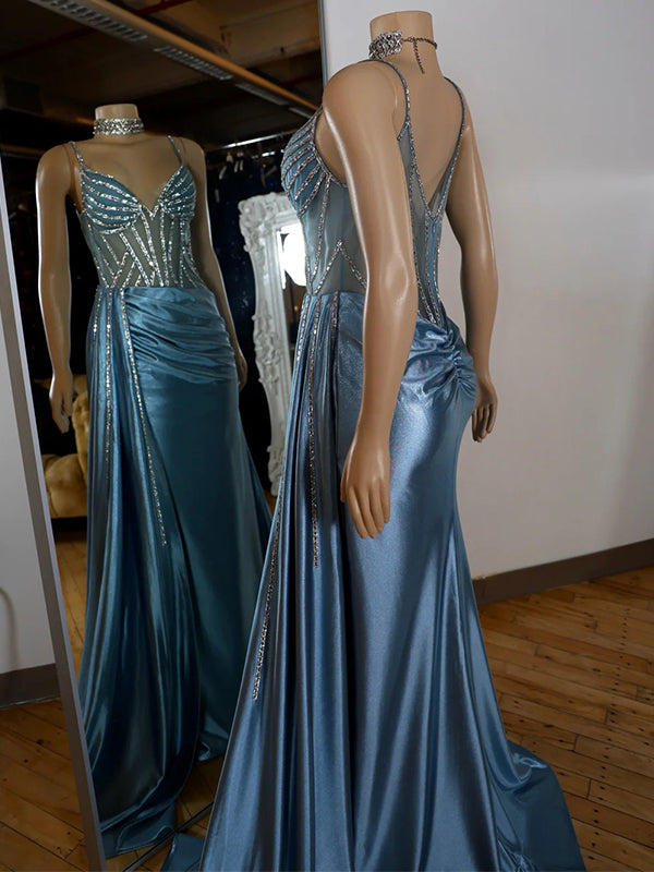 Sheath V-neck Pleated Sweep Train Silk Like Satin Corset Dress