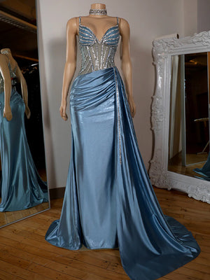 Sheath V-neck Pleated Sweep Train Silk Like Satin Corset Dress