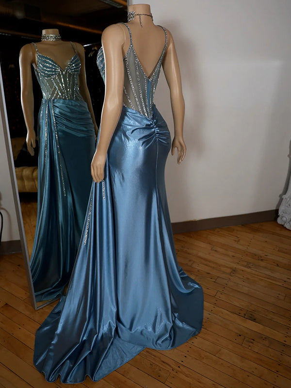 Sheath V-neck Pleated Sweep Train Silk Like Satin Corset Dress