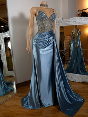 Sheath V-neck Pleated Sweep Train Silk Like Satin Corset Dress