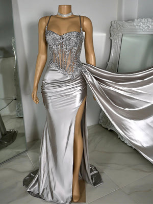 Sheath Spaghetti Straps Appliques Lace Sweep Train Silk Like Satin Corset Dress