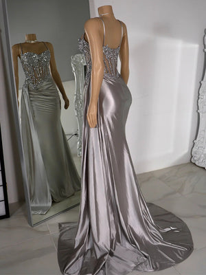 Sheath Spaghetti Straps Appliques Lace Sweep Train Silk Like Satin Corset Dress