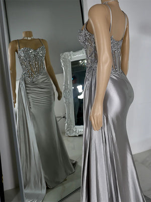Sheath Spaghetti Straps Appliques Lace Sweep Train Silk Like Satin Corset Dress