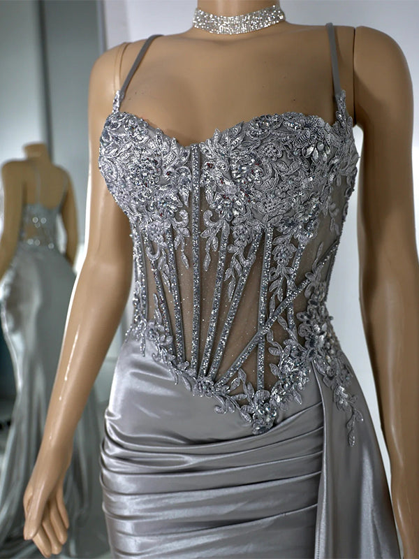 Sheath Spaghetti Straps Appliques Lace Sweep Train Silk Like Satin Corset Dress