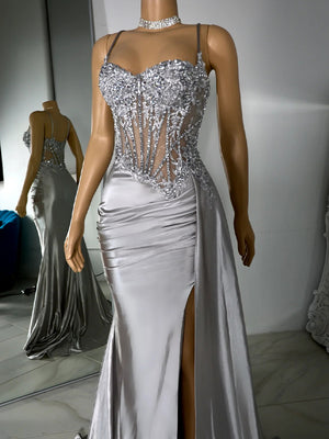 Sheath Spaghetti Straps Appliques Lace Sweep Train Silk Like Satin Corset Dress
