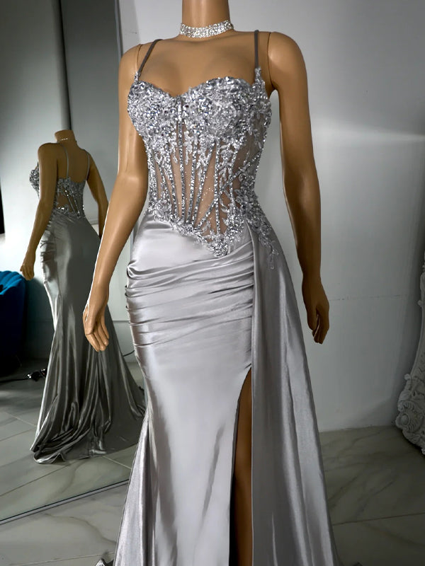 Sheath Spaghetti Straps Appliques Lace Sweep Train Silk Like Satin Corset Dress
