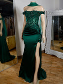 Sheath Off-the-Shoulder Appliques Lace Sweep Train Silk Like Satin Corset Dress