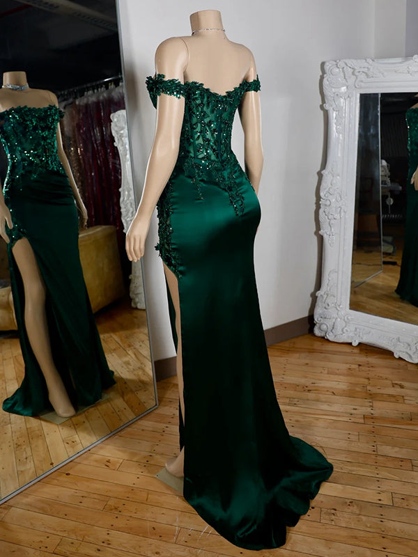 Sheath Off-the-Shoulder Appliques Lace Sweep Train Silk Like Satin Corset Dress