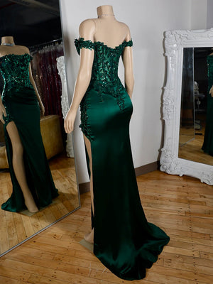 Sheath Off-the-Shoulder Appliques Lace Sweep Train Silk Like Satin Corset Dress