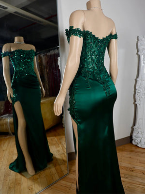 Sheath Off-the-Shoulder Appliques Lace Sweep Train Silk Like Satin Corset Dress