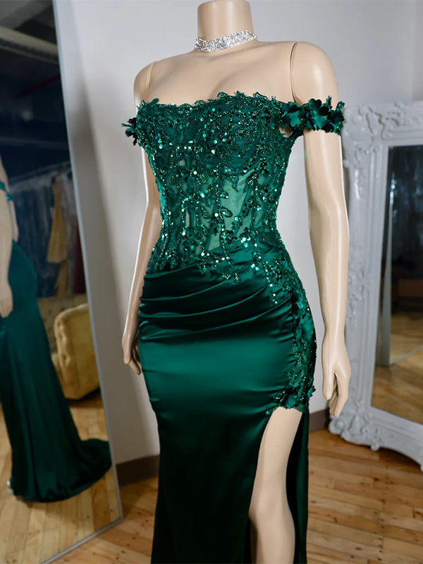 Sheath Off-the-Shoulder Appliques Lace Sweep Train Silk Like Satin Corset Dress