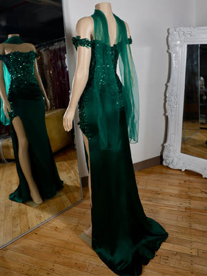 Sheath Off-the-Shoulder Appliques Lace Sweep Train Silk Like Satin Corset Dress