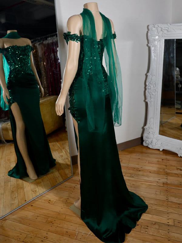 Sheath Off-the-Shoulder Appliques Lace Sweep Train Silk Like Satin Corset Dress