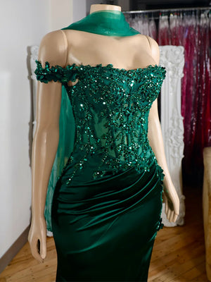 Sheath Off-the-Shoulder Appliques Lace Sweep Train Silk Like Satin Corset Dress