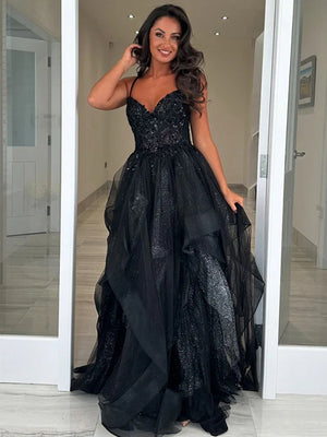 A-line V-neck Appliques Lace Floor-Length Tulle Dress