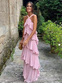 Sheath Halter Cascading Ruffles Floor-Length Chiffon Dress