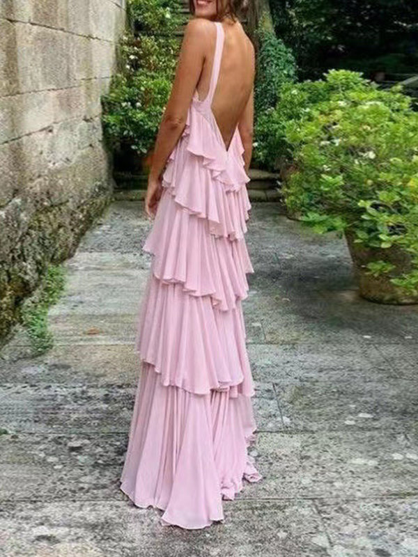 Sheath Halter Cascading Ruffles Floor-Length Chiffon Dress