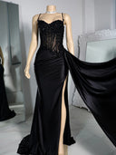 Sheath Spaghetti Straps Appliques Lace Floor-Length Silk Like Satin Corset Dress
