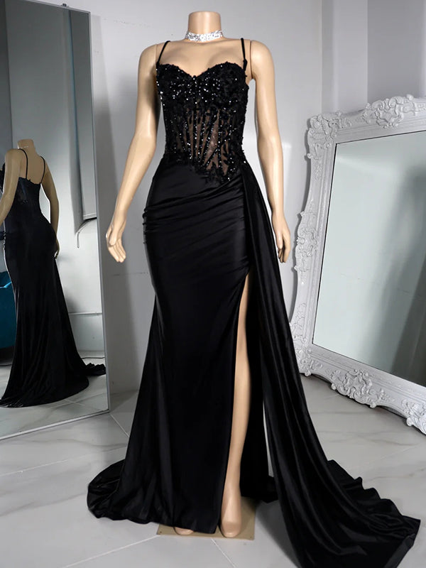 Sheath Spaghetti Straps Appliques Lace Floor-Length Silk Like Satin Corset Dress