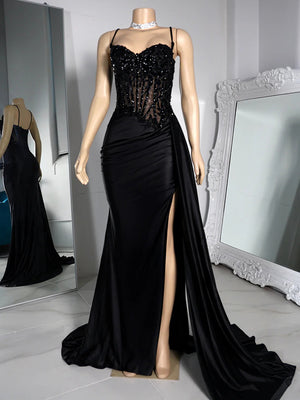 Sheath Spaghetti Straps Appliques Lace Floor-Length Silk Like Satin Corset Dress