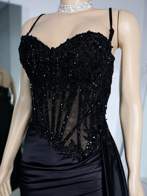 Sheath Spaghetti Straps Appliques Lace Floor-Length Silk Like Satin Corset Dress