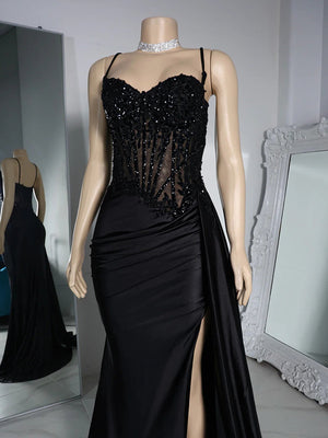 Sheath Spaghetti Straps Appliques Lace Floor-Length Silk Like Satin Corset Dress
