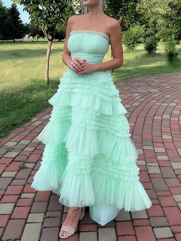 A-line Straight Cascading Ruffles Asymmetrical Tulle Dress