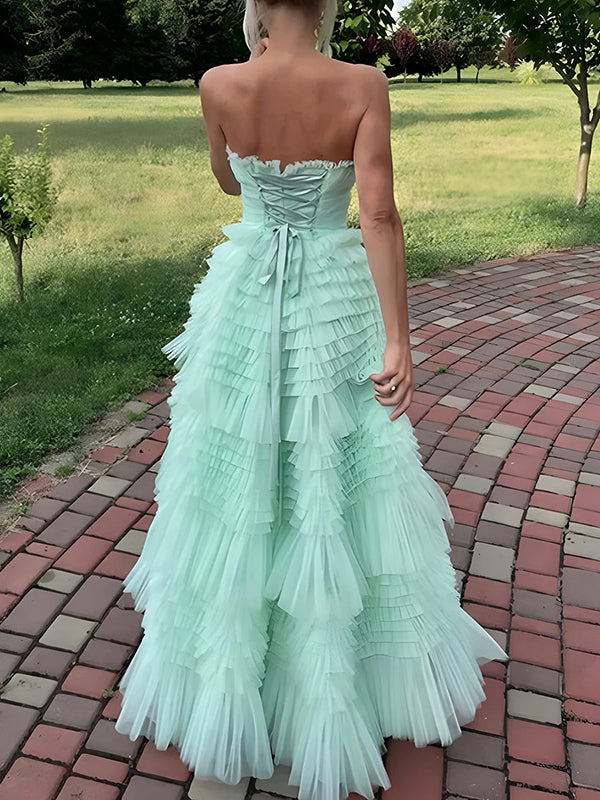 A-line Straight Cascading Ruffles Asymmetrical Tulle Dress