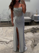 Sheath Spaghetti Straps Pleated Sweep Train Silk Like Satin Corset Dress