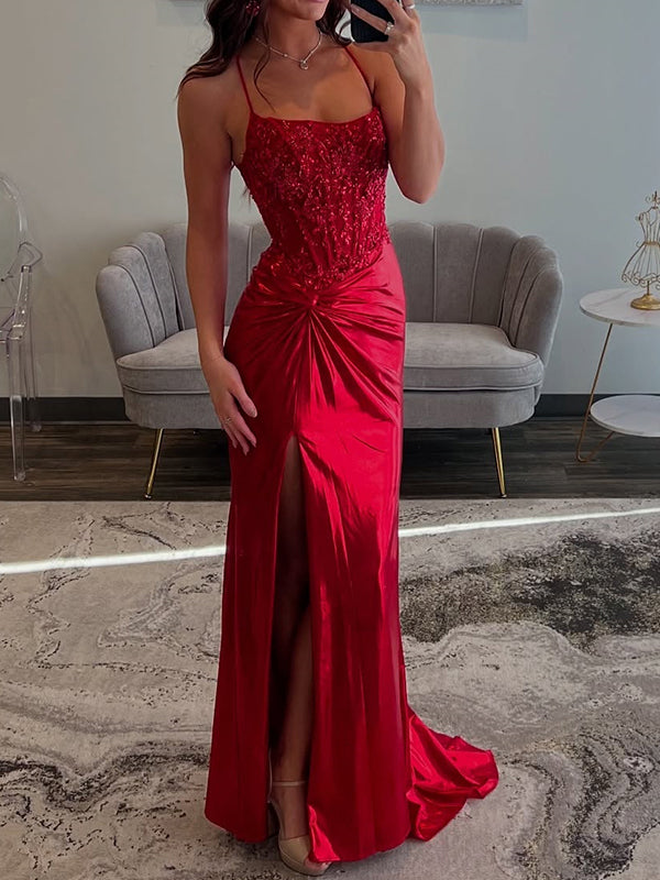 Sheath Spaghetti Straps Appliques Lace Sweep Train Silk Like Satin Corset Dress