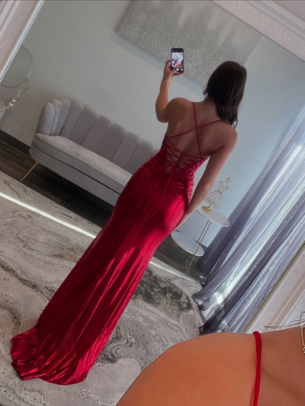 Sheath Spaghetti Straps Appliques Lace Sweep Train Silk Like Satin Corset Dress