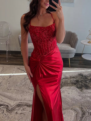 Sheath Spaghetti Straps Appliques Lace Sweep Train Silk Like Satin Corset Dress