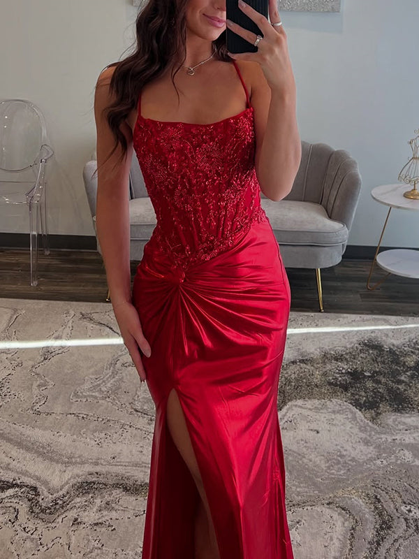 Sheath Spaghetti Straps Appliques Lace Sweep Train Silk Like Satin Corset Dress