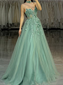 A-line Sweetheart Appliques Lace Floor-Length Tulle Corset Dress